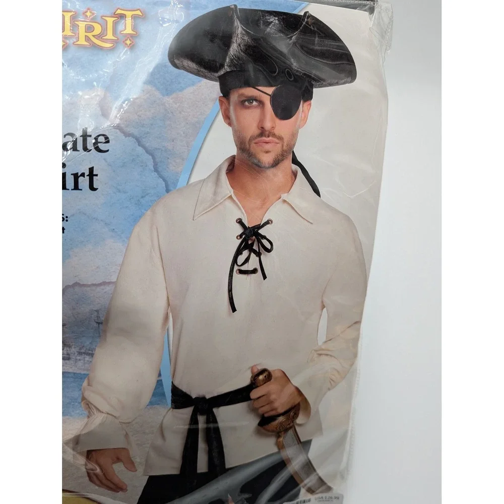 Spirit Halloween Pirate Shirt Mens XL Cream Costume Set Lace Up Renaissance Belt - Picture 3 of 3